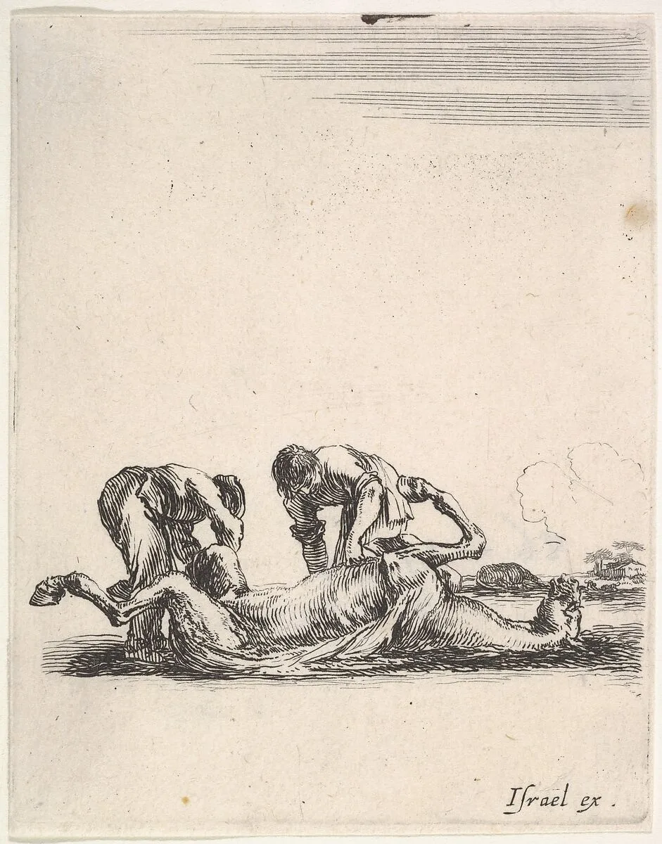 Two men skinning a horse that is lying on the ground with its hooves in the air, from 'Various cavalry exercises' (Diverses exercices de cavalerie) — Stefano della Bella|Israël Henriet