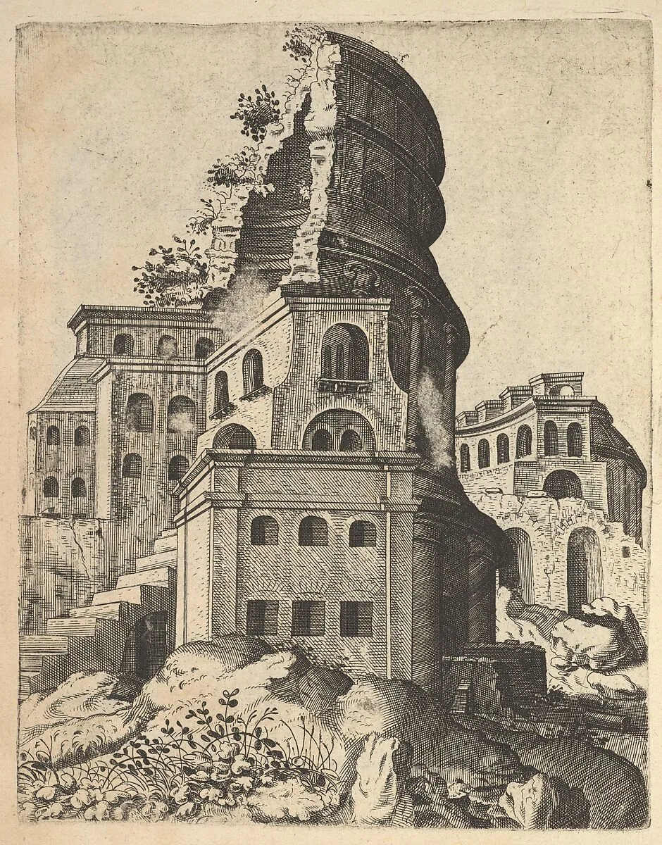 Vertical Landscape with the Ruins of the Temple of Venus and Roma, from the series 'Ruinarum variarum fabricarum delineationes pictoribus caeterisque id genus artificibus multum utiles' — Lambert Suavius|Gerard de Jode