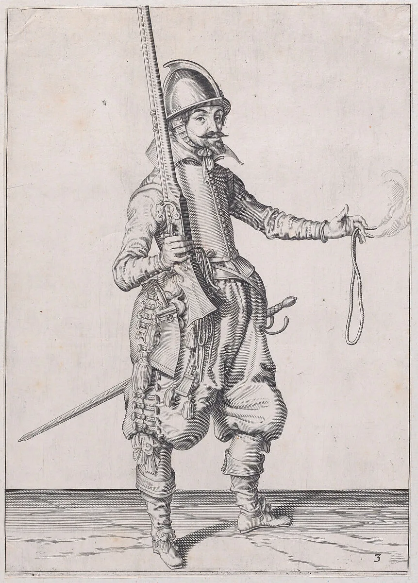 A soldier holding up his caliver in his right hand and extending his left to receive it, from the Marksmen series, plate 3, in Waffenhandlung von den Rören Musquetten undt Spiessen / Wapenhandelinghe van Roers Musquetten Ende Spiessen (The Exercise of Arms) — Jacques de Gheyn II|Jacques de Gheyn II|Robert Willemsz de Baudous