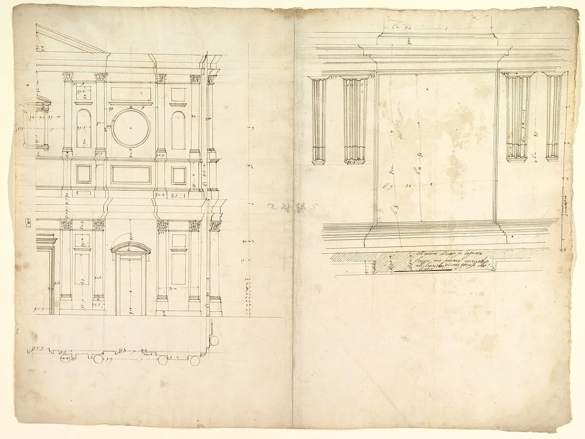 San Lorenzo, model, right half façade (left hand of folio); San Lorenzo, Library, Ricetto, consoles, elevation (right hand) (recto) blank (verso) — Anonymous, French, 16th century