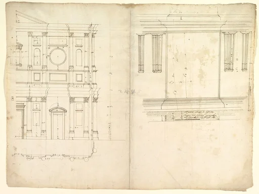 San Lorenzo, model, right half façade (left hand of folio); San Lorenzo, Library, Ricetto, consoles, elevation (right hand) (recto) blank (verso)