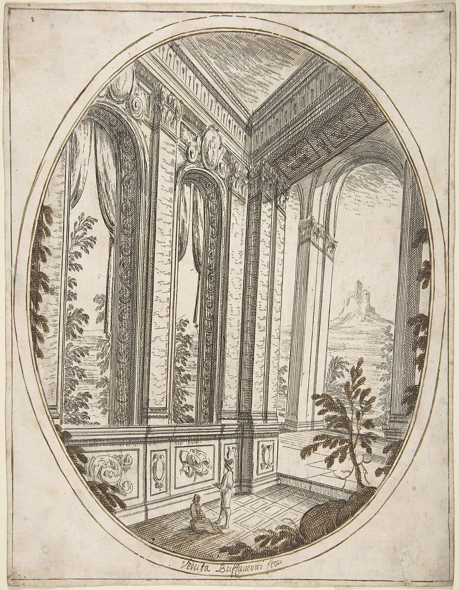Vertical Oval Vignette of A Palace Interior with Two Figures Admiring Decoration; a Craggy Mountain Seen Through a Window in The Far Distance. — Carlo Antonio Buffagnotti