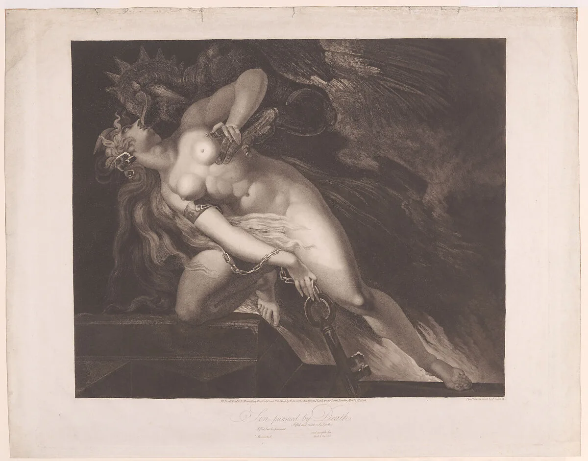 Sin Pursued by Death (John Milton, Paradise Lost, Book 2, 787, 790-792) — Moses Haughton the younger|Frederick Christian Lewis, Senior|Henry Fuseli|Henry Fuseli|Moses Haughton the younger