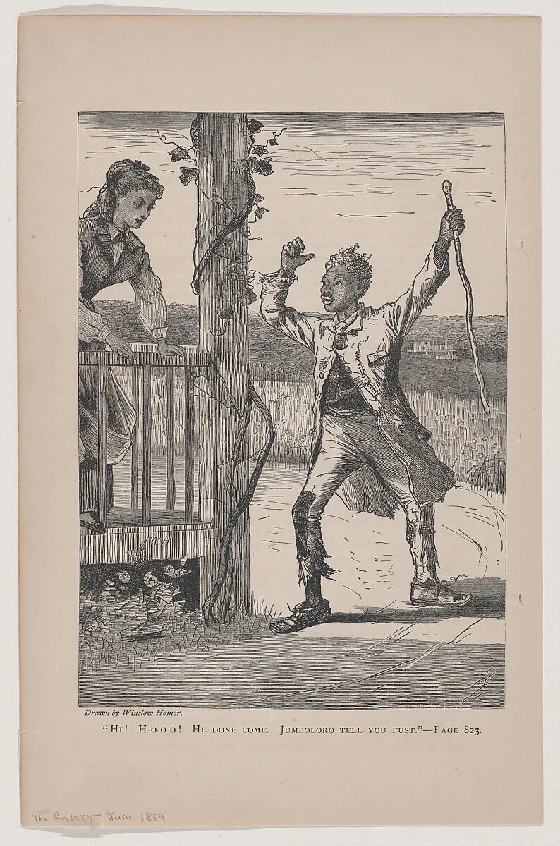 "Hi! Ho-o-o! He Done Come. Jumbolor Tell you Fust" (The Galaxy, An Illustrated Magazine of Entertaining Reading, Vol. VII) — Winslow Homer|John William De Forest