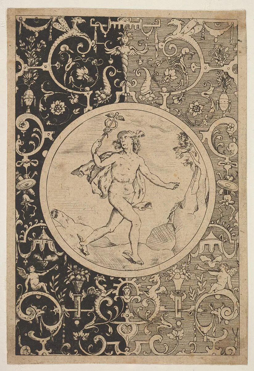 Mercury in a Decorative Frame with Grotesques — Adriaen Collaert