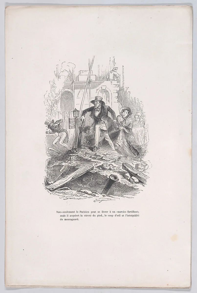 "Not only can the Parisian engage in a strengthening exercise; but he acquires the safety of the foot, the glance and the intrepidity of the mountaineer." from the Little Miseries of Human Life — J. J. Grandville|Henri Fournier|Paul-Emile-Daurand Forgues