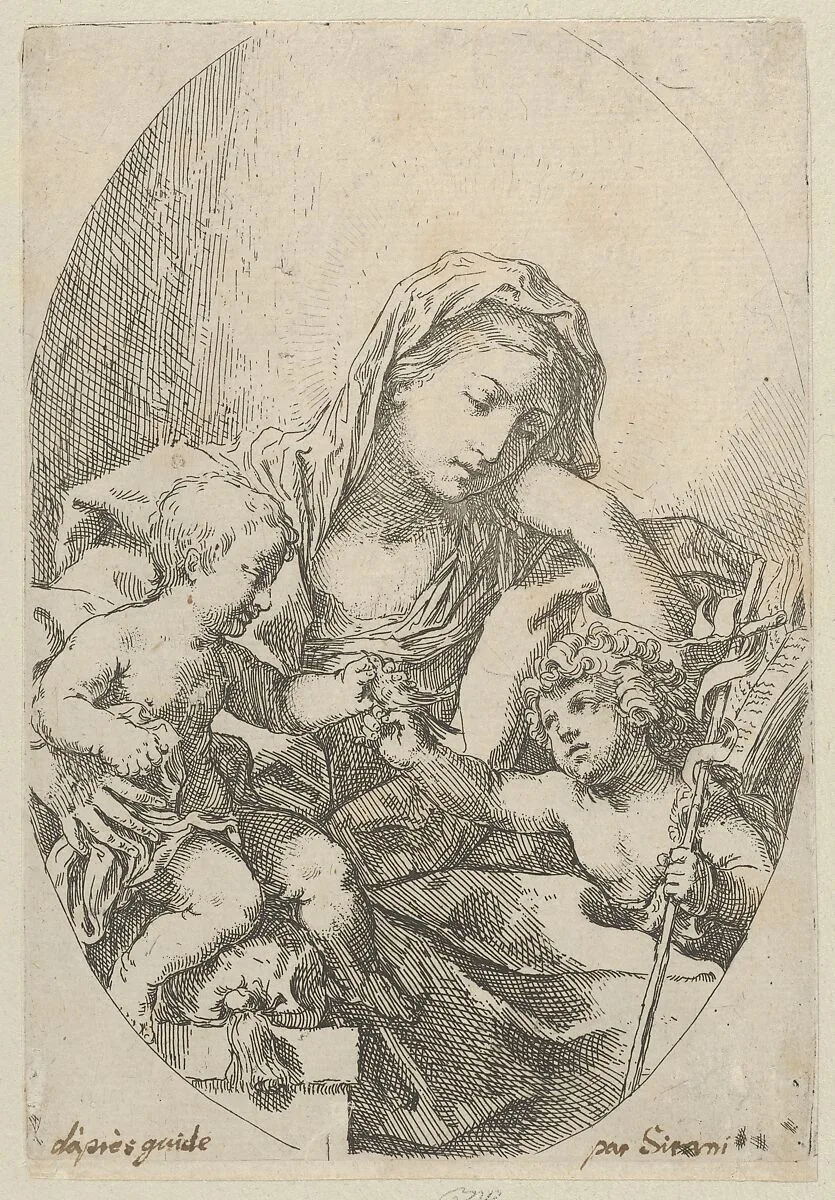 The Virgin with the Christ Child and the young Saint John the Baptist holding a bird at right, an oval composition — Guido Reni|Lorenzo Loli