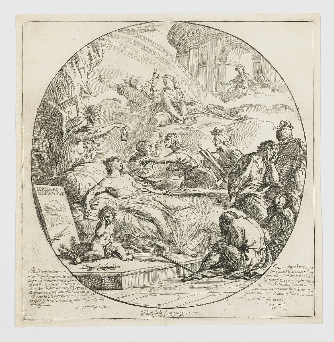 An allegorical composition relating to mortality(?), the three Fates surround a dying man (the artist's brother) — Francisco Vieira 'Lusitano'