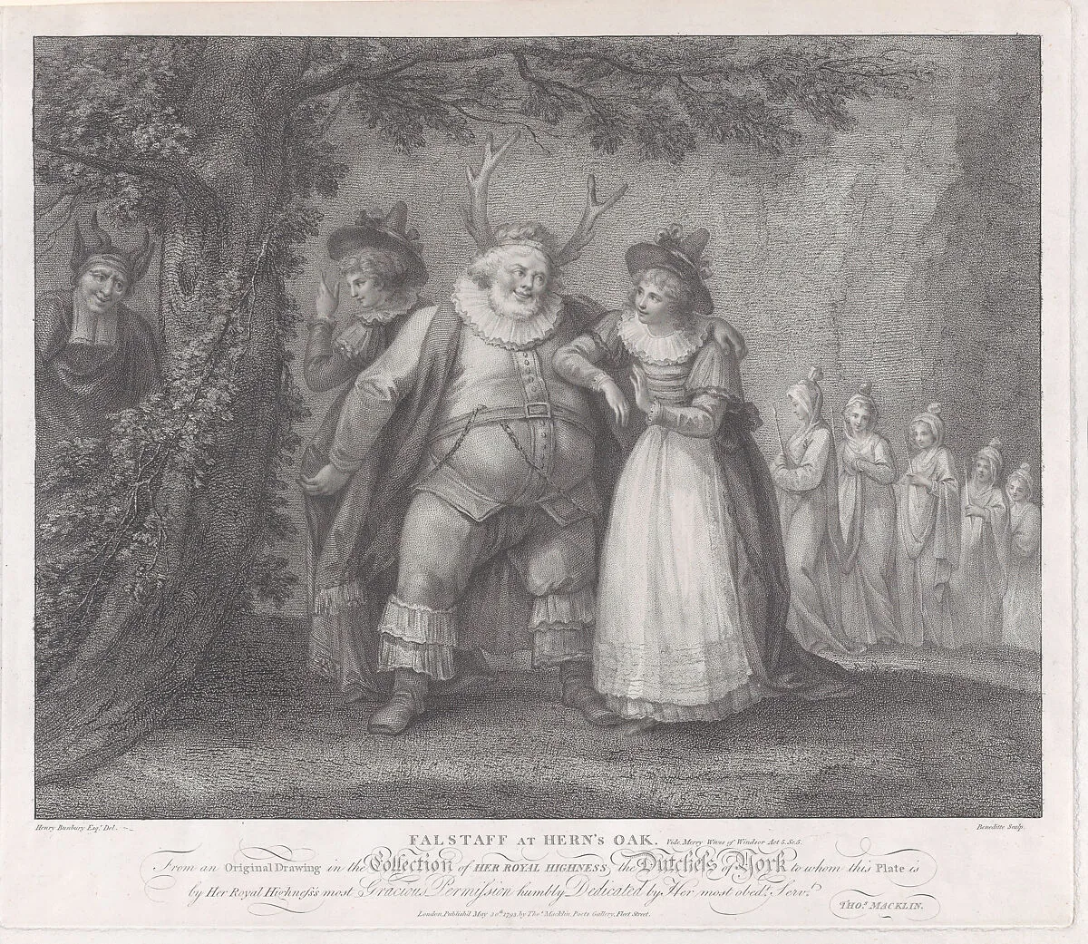 Falstaff at Herne's Oak (Shakespeare, Merry Wives of Windsor, Act 5, Scene 5) — Thomas Macklin|Henry William Bunbury|Princess Frederica Charlotte of Prussia|William Shakespeare|Michele Beneditti