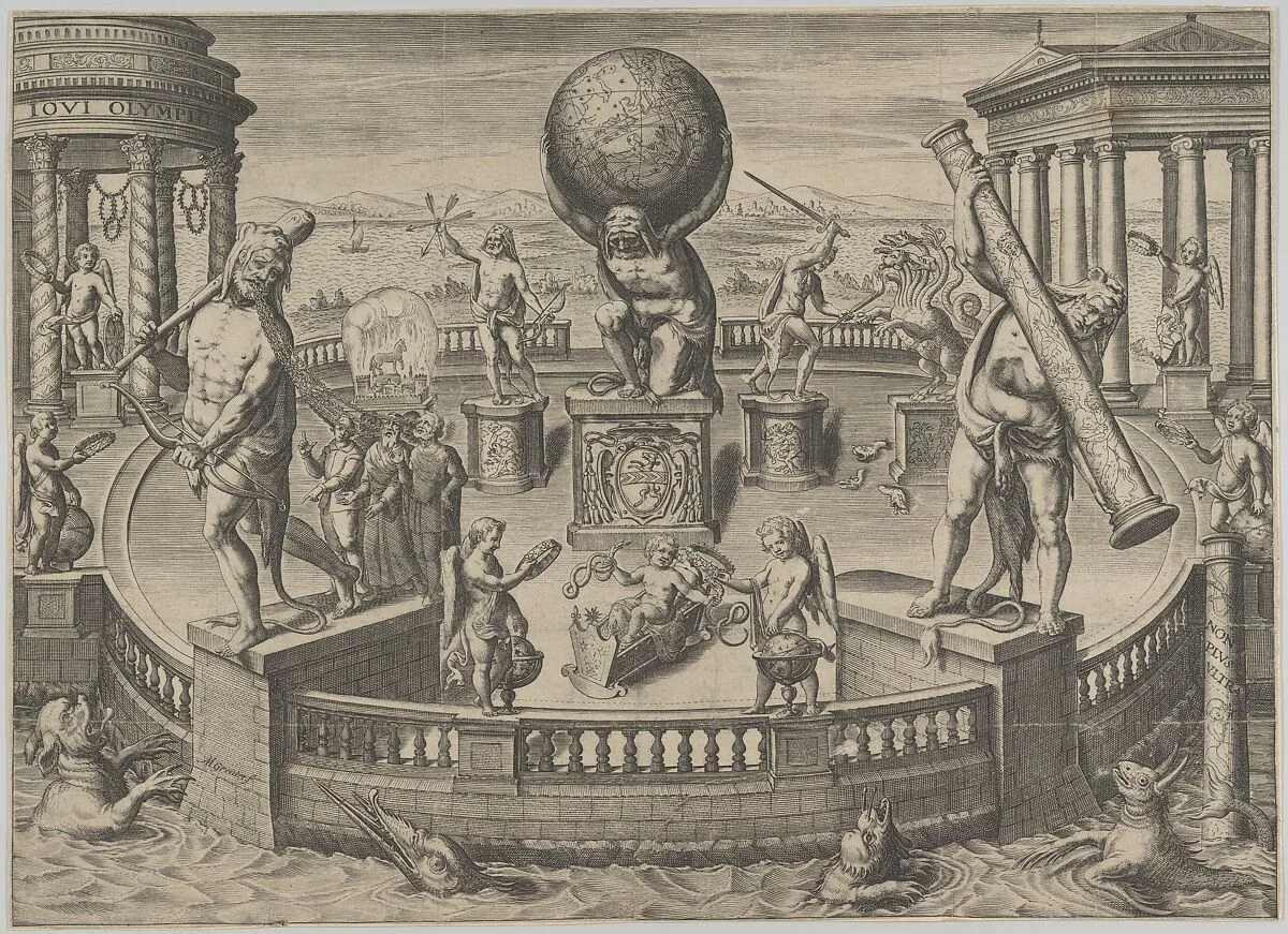 Allegory of the Twelve Labors of Hercules Statues in a Circular Garden — Matthaeus Greuter