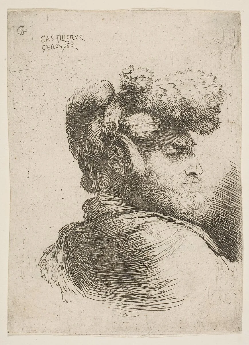 Man in profile facing right, wearing a fur hat, from "Small Heads in Oriental Headdress" — Giovanni Benedetto Castiglione (Il Grechetto)