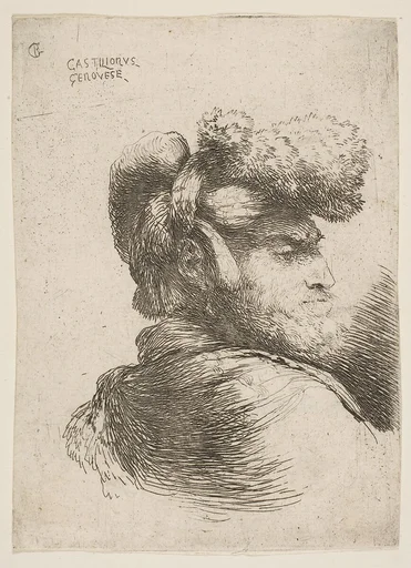 Man in profile facing right, wearing a fur hat, from "Small Heads in Oriental Headdress"
