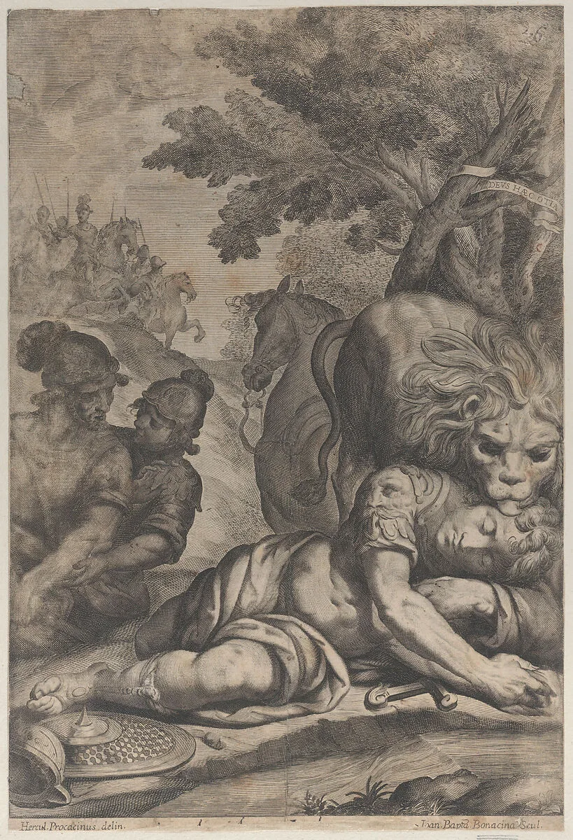 A lion atop a fallen horseman at right, with two other soldiers at left — Ercole Procaccini II|Giovanni Battista Bonacina