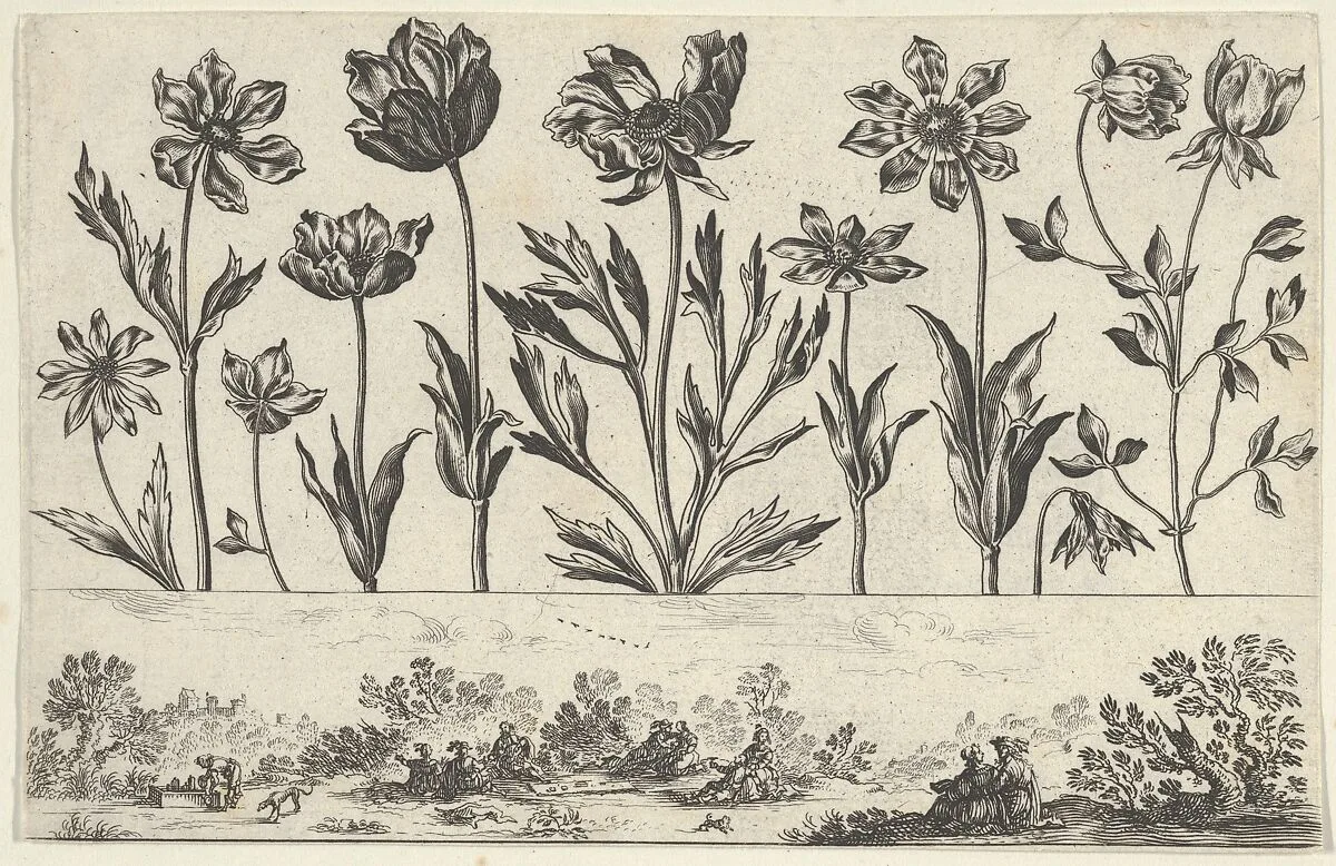 Horizontal Panel with a Row of Flowers Above a Frieze with Figures in a Landscape, from Livre Nouveau de Fleurs Tres-Util — Nicolas Cochin|Balthazar Moncornet