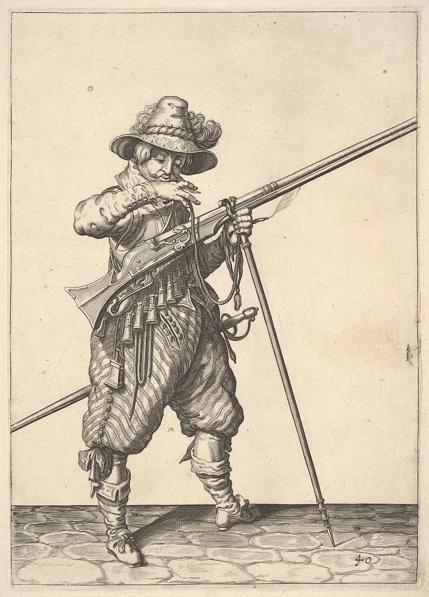 A soldier blowing on a match, from the Musketeers series, plate 40, in Wapenhandelinghe van Roers Musquetten Ende Spiessen (The Exercise of Arms) — Jacques de Gheyn II