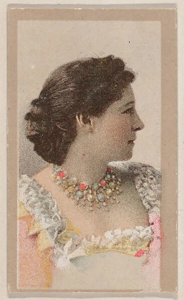 Dark-haired actress with necklace in profile trade card (W500) — Unknown