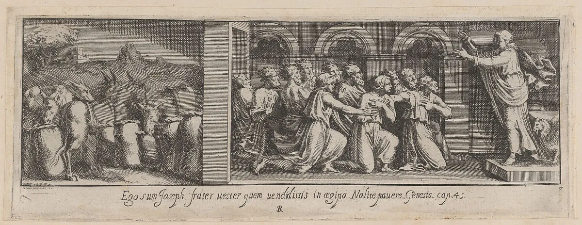 Plate 7: Joseph Making Himself Known to his Brothers, from Genesis 45, after a lost fresco in the basamento of Bay 7 of the Vatican Loggia — Pietro Santi Bartoli|Giovanni Giacomo De Rossi|Raphael (Raffaello Sanzio or Santi)