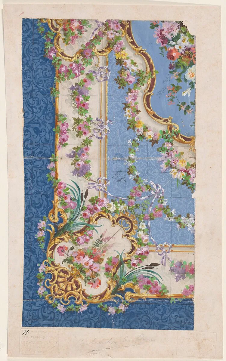 Design for a Rug with Ornamental Frames and Garlands and Festoons of Leaves, Flowers, and Ribbons Over a Background of Arabesques — Braquenié et cie.