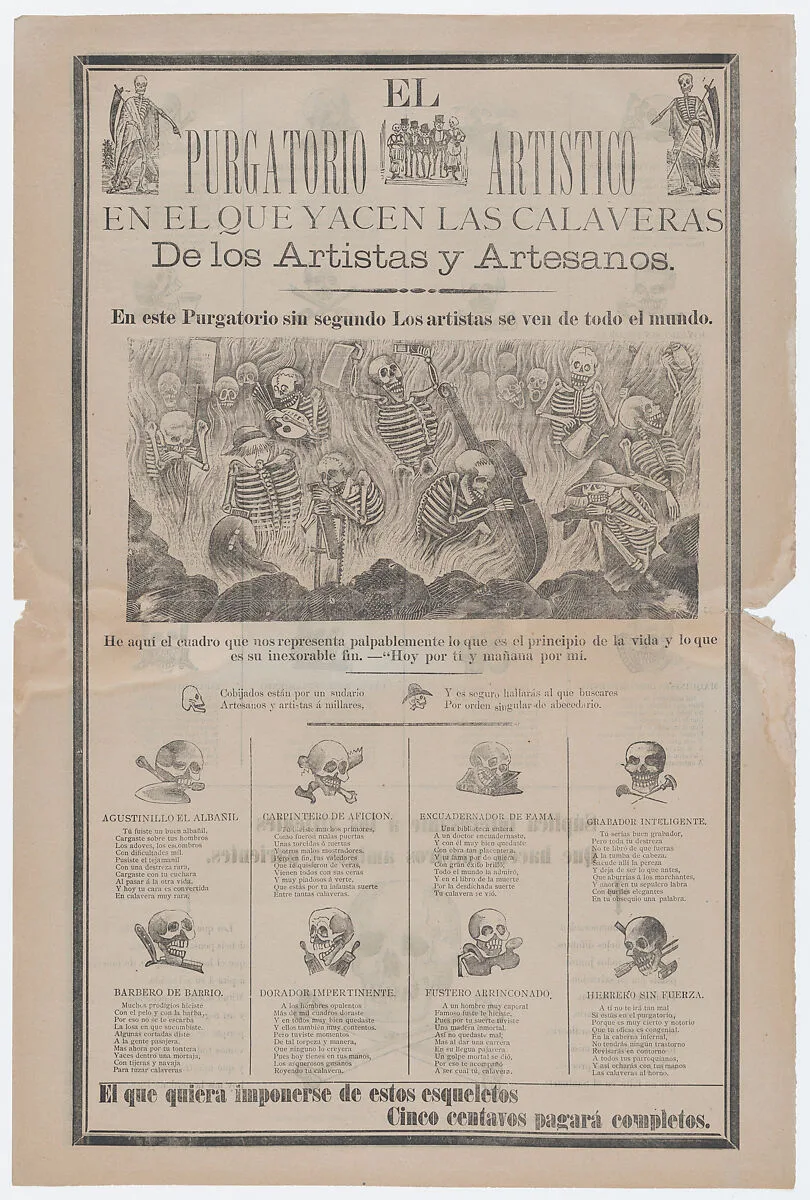 Broadsheet, on recto artist and artisans in hell with objects relating to their profession entitled 'The artistic purgatory, where the calaveras of artists and craftsmen lie', on verso skulls relating to different professions — Antonio Vanegas Arroyo|José Guadalupe Posada