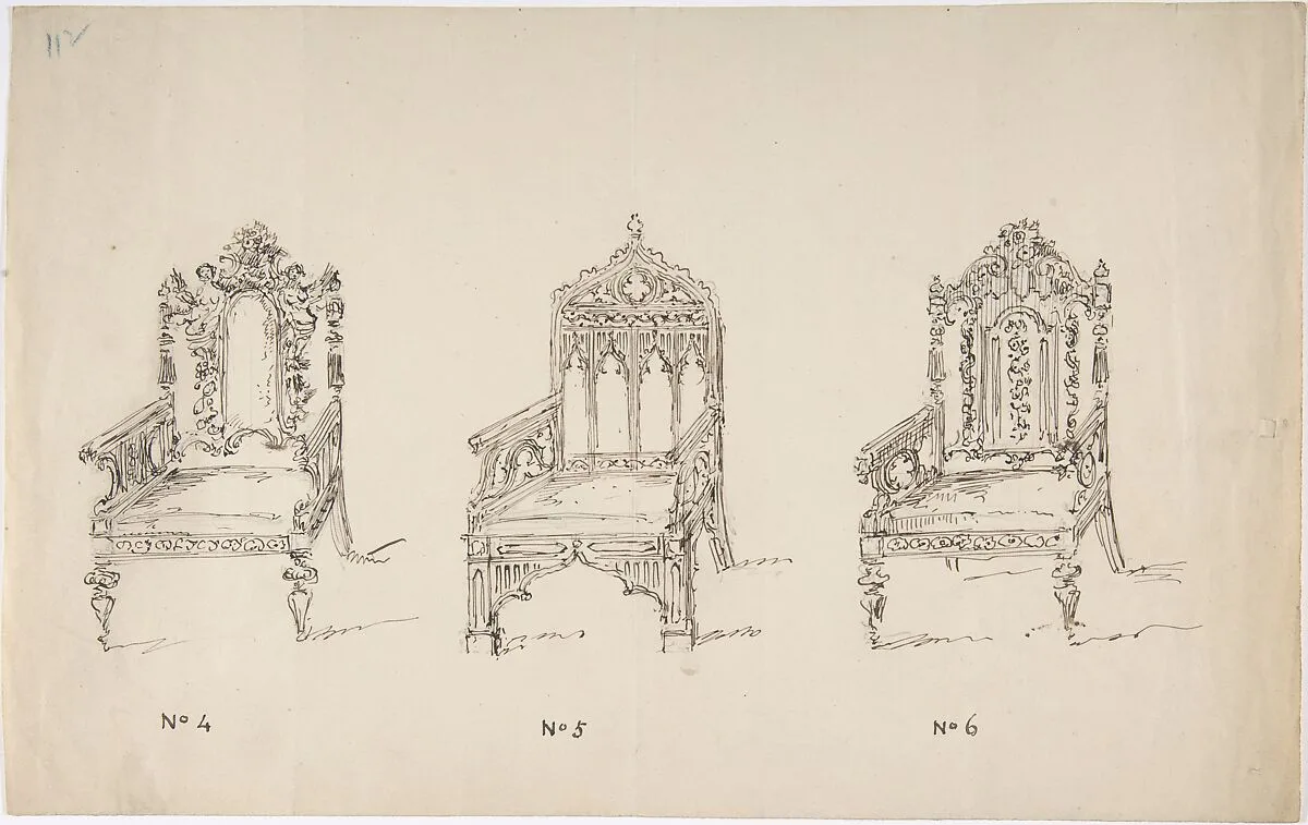 Design for Three Low Gothic or Renaissance Style Arm Chairs — Anonymous, British, 19th century