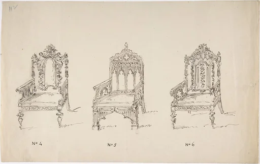 Design for Three Low Gothic or Renaissance Style Arm Chairs