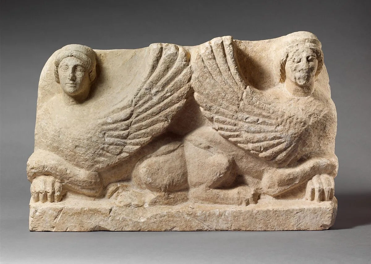 Limestone funerary stele with antithetical sphinxes — Unknown
