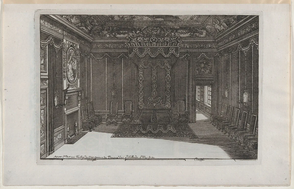 Interior with a Canopy Bed and a Row of Chairs Lining the Walls, from Nouveaux Liure da Partements, part of Œuvres du Sr. D. Marot — Daniel Marot the Elder|Pierre Husson