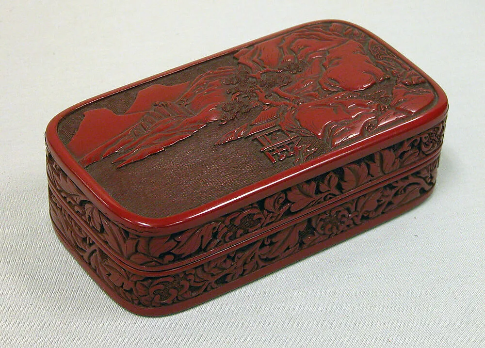 江戸時代 楼閣山水堆朱香合|Box with Landscape and Scroll Pattern — Unknown