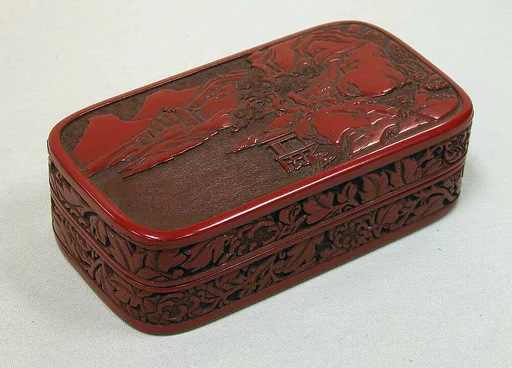 江戸時代 楼閣山水堆朱香合|Box with Landscape and Scroll Pattern