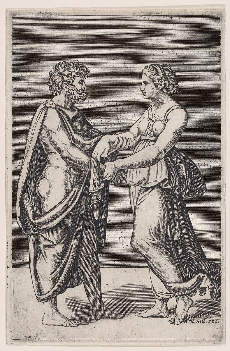 Man and Woman Holding Hands — Agostino Veneziano (Agostino dei Musi)|Raphael (Raffaello Sanzio or Santi)
