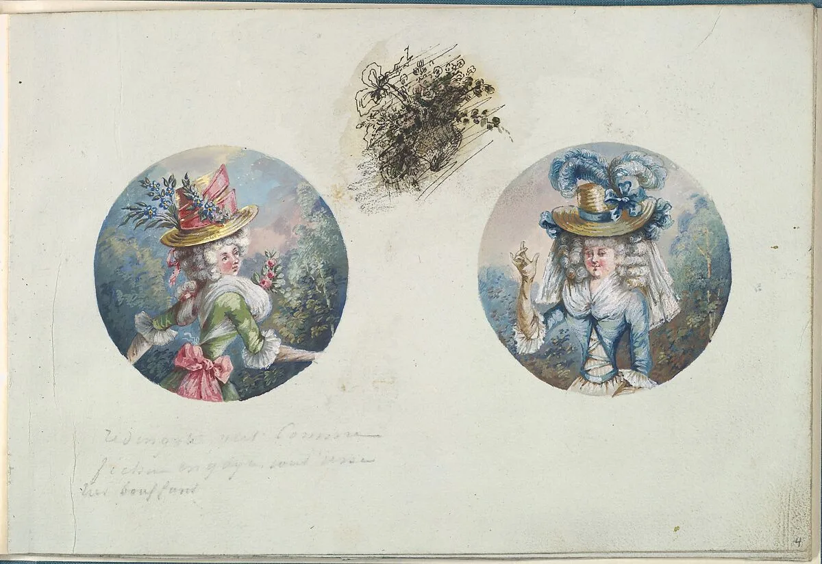 Two Costume Designs or Portrait Types of Two Women with Straw Hats — Anonymous, French, 18th century|Antoine Caire-Morand|Anonymous, French, 19th century