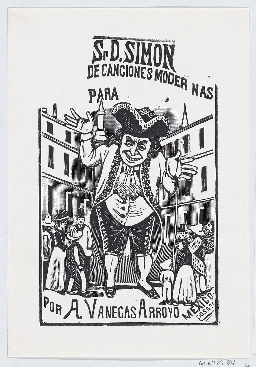A man shrugging his shoulders towering over buildings and people, illustration for 'Señor D. Simon,' published by Antonio Vanegas Arroyo — José Sanchez|José Guadalupe Posada