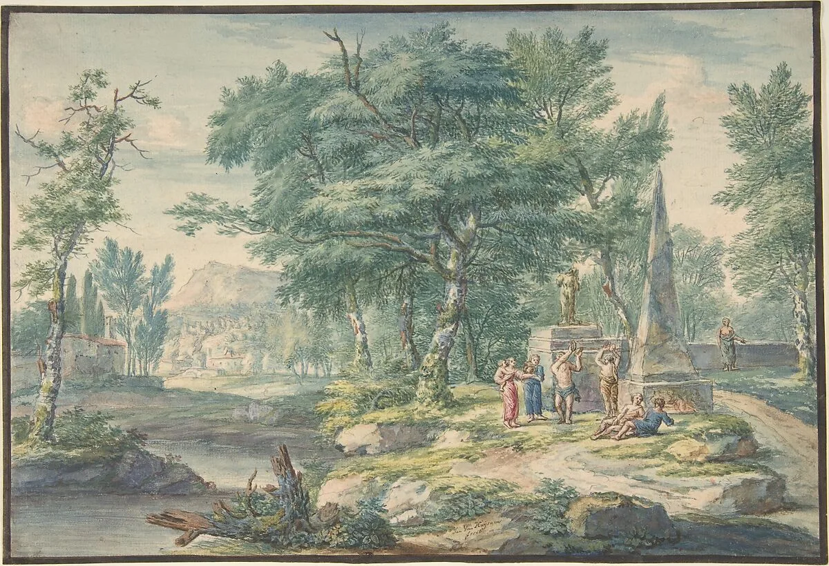 Arcadian Landscape with Figures Making Music — Jan van Huysum