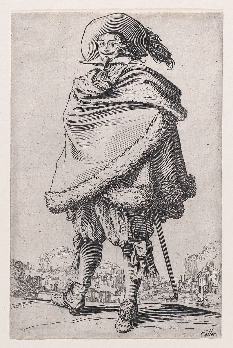 Le Gentilhomme Enroulé dans son Manteau Bordé de Fourrures (The Gentleman Wrapped in a Fur-Lined Mantle), from La Noblesse (The Nobility) — Jacques Callot
