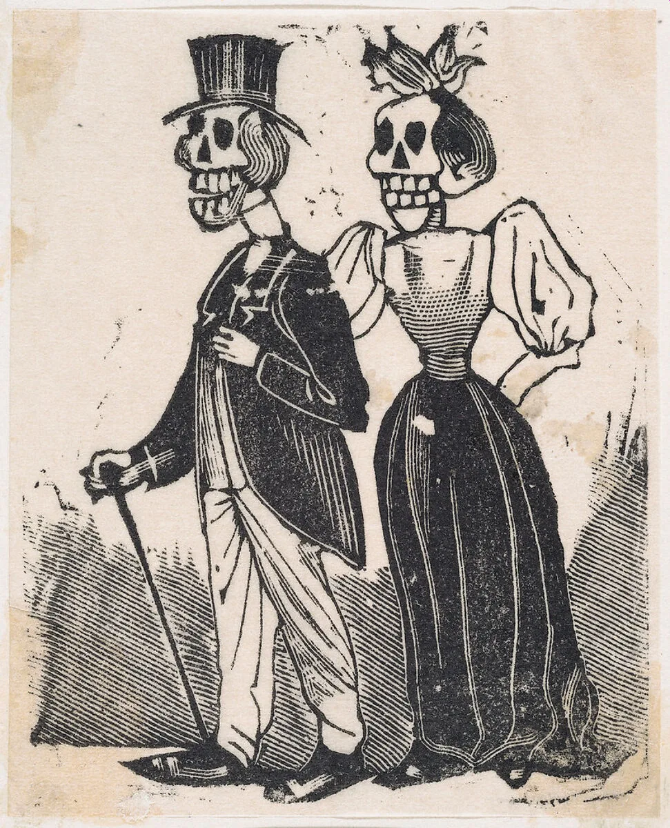 Two elegantly dressed skeletons walking, from a broadside entitled, 'El Gran Panteon Amoroso,' published by Antonio Vanegas Arroyo. — José Guadalupe Posada