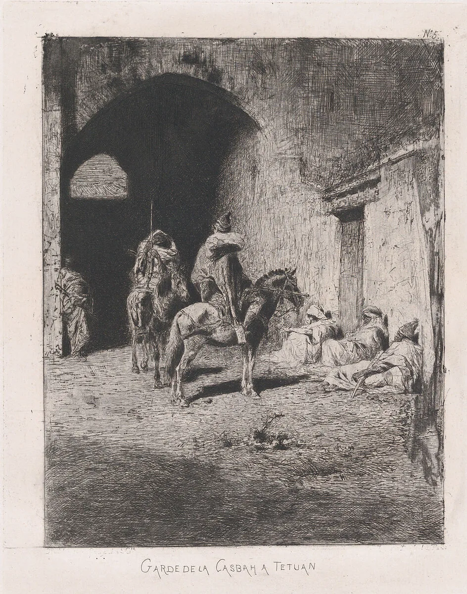 Entrance to the Kasbah in Tetuan, figures sitting on the ground, others on horseback — Mariano Fortuny, 1838–1874
