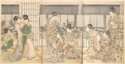 契情三人酔 三幅之内 腹立上戸 泣上戸 笑上戸|Three Intoxicated Courtesans