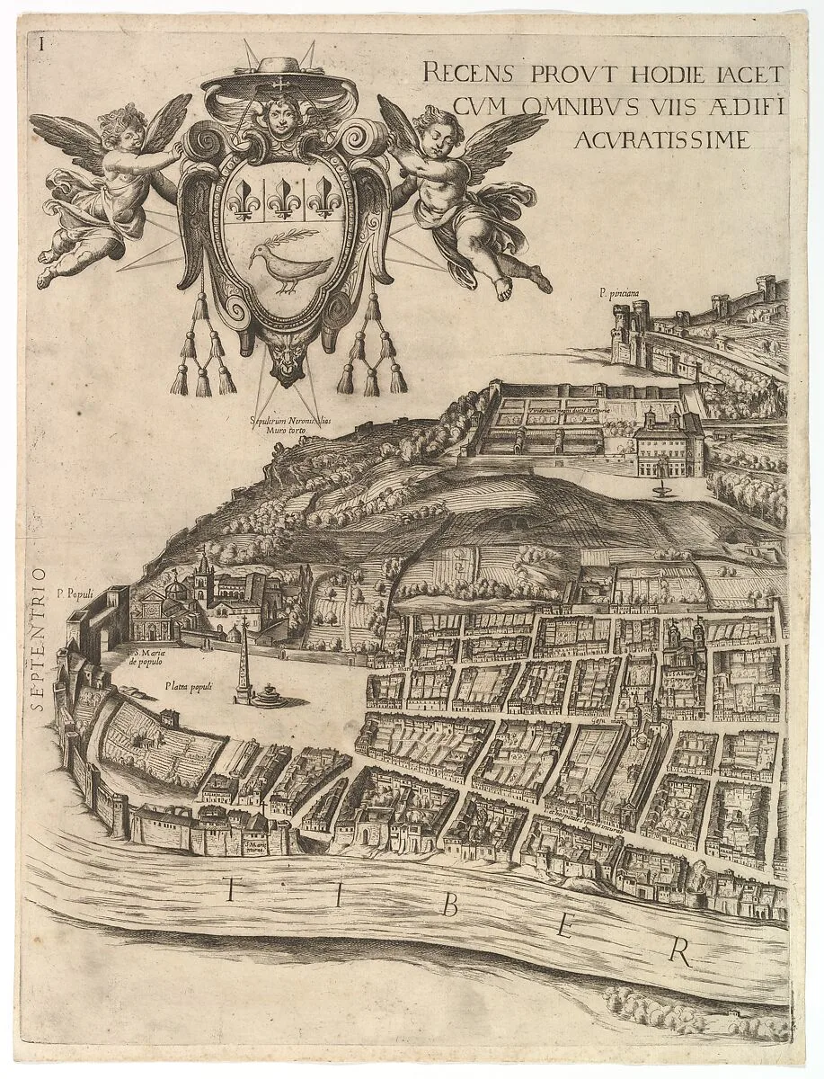Plan of the City of Rome. Part 1 with the Villa Medici and Piazza del Popolo — Giovanni Domenico de Rossi|Cardinal Camillo Pamphili|Antonio Tempesta