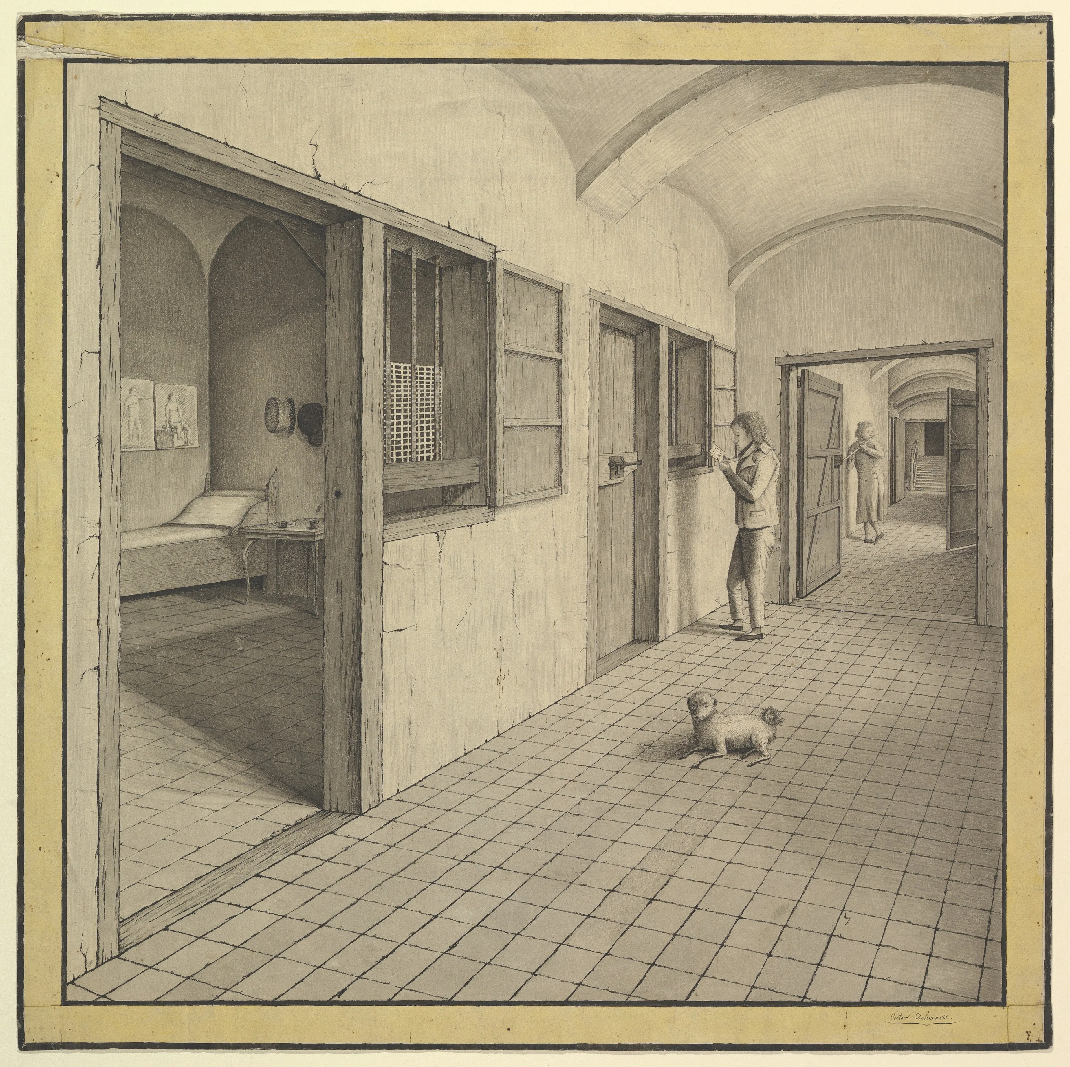 Interior of a Boarding School (?): Hallway with two Young Men and a Dog, with View into Bedroom — Victor