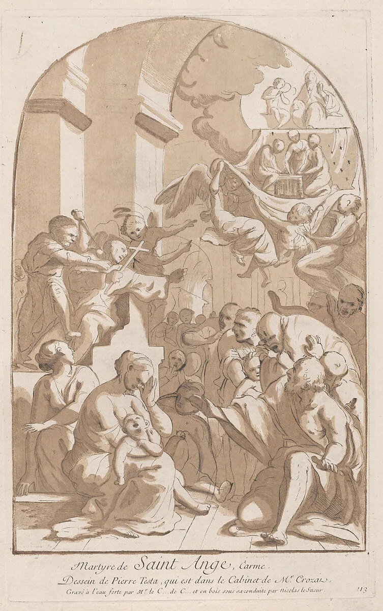 The martyrdom of Saint Angelo who in the upper left is being stabbed watched by horrified onlookers, from the 'Cabinet Crozat' — Pietro Testa|Anne Claude Philippe de Tubières, comte de Caylus
