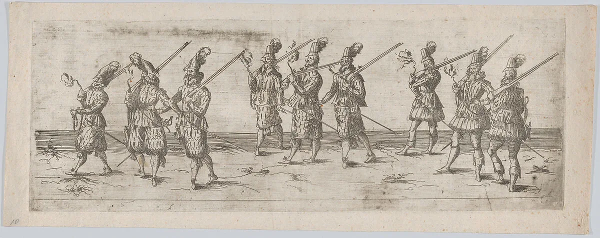 Procession, with three groups of three men, each holding a gun — Anonymous, German, 16th century