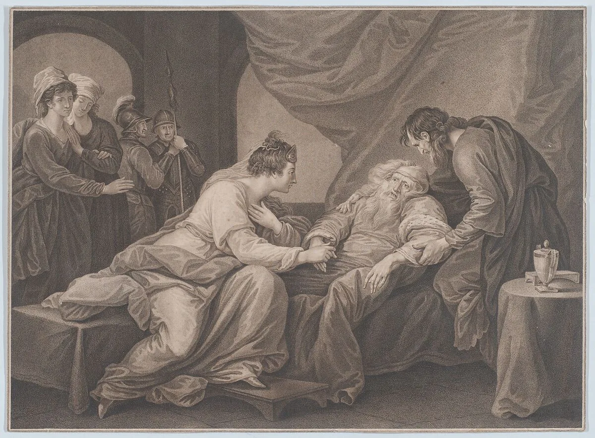King Lear and Cordelia (Shakespeare, King Lear, Act 4, Scene 7) — Benjamin Beale Evans|William Shakespeare|Francesco Bartolozzi|Benjamin West