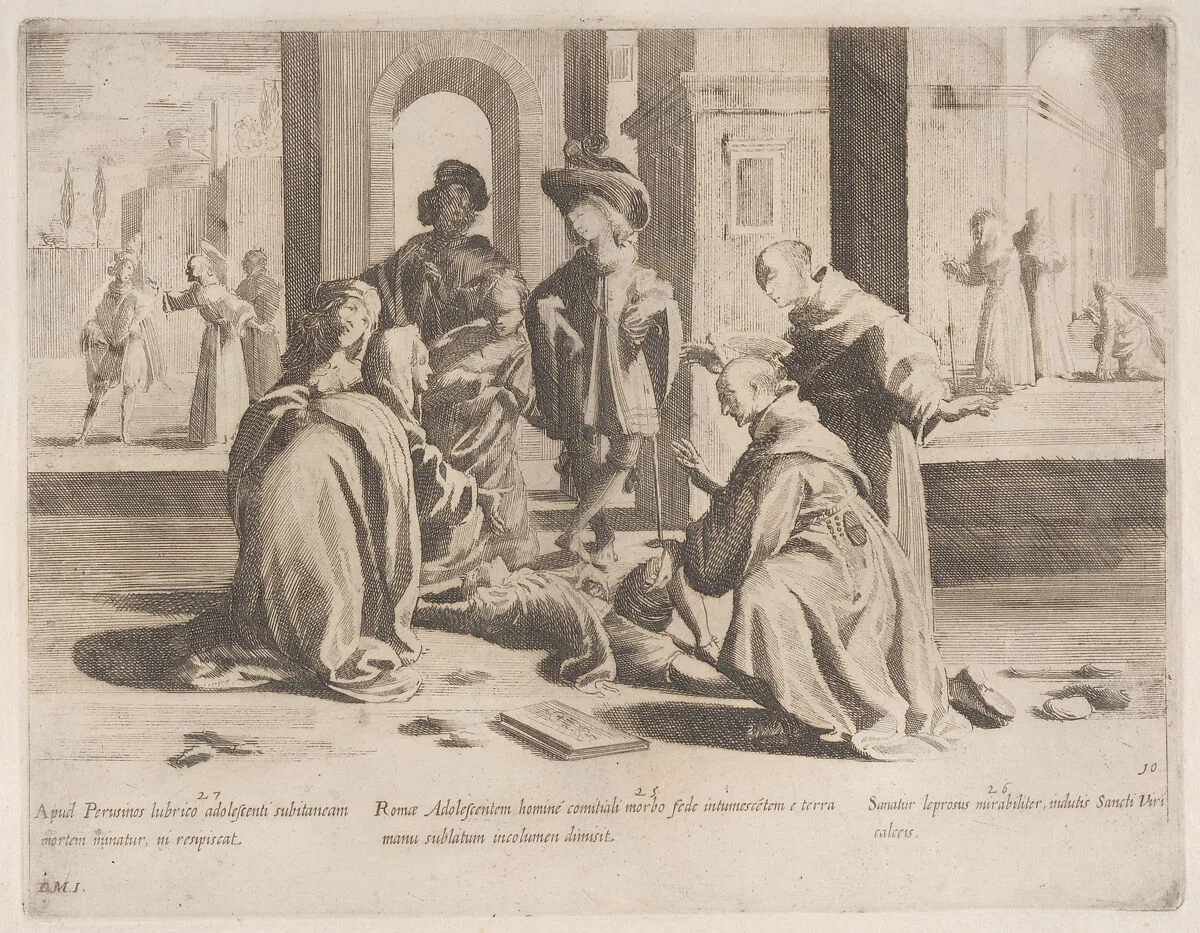 Episode 25: In Rome Saint Bernardino cures a diseased young man; Episode 26: Saint Bernardino cures a leper; Episode 27: In Perugia Saint Bernardino warns an errant young man, from "The Life of Saint Bernardino of Siena" — Bernardino Capitelli|Saint Bernardino of Siena|Rutilio Manetti