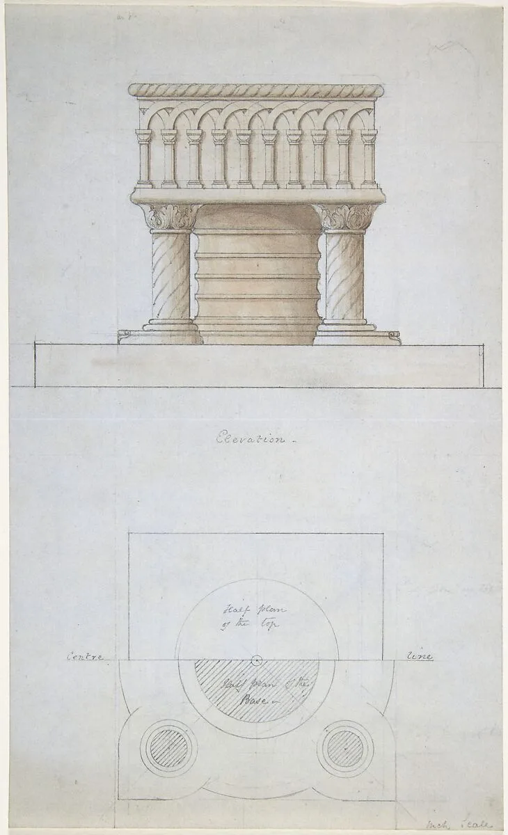 One Font and Plan (recto); Two Romanesque Style Fonts (verso) — Anonymous, British, 19th century