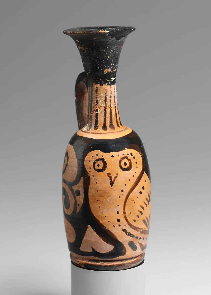 Terracotta lekythos (oil flask) with an owl — Unknown