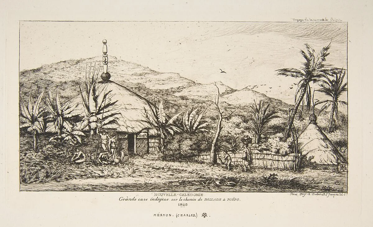 New Caledonia: Large native hut on the road from Balade to Puebo, 1845 — Charles Meryon