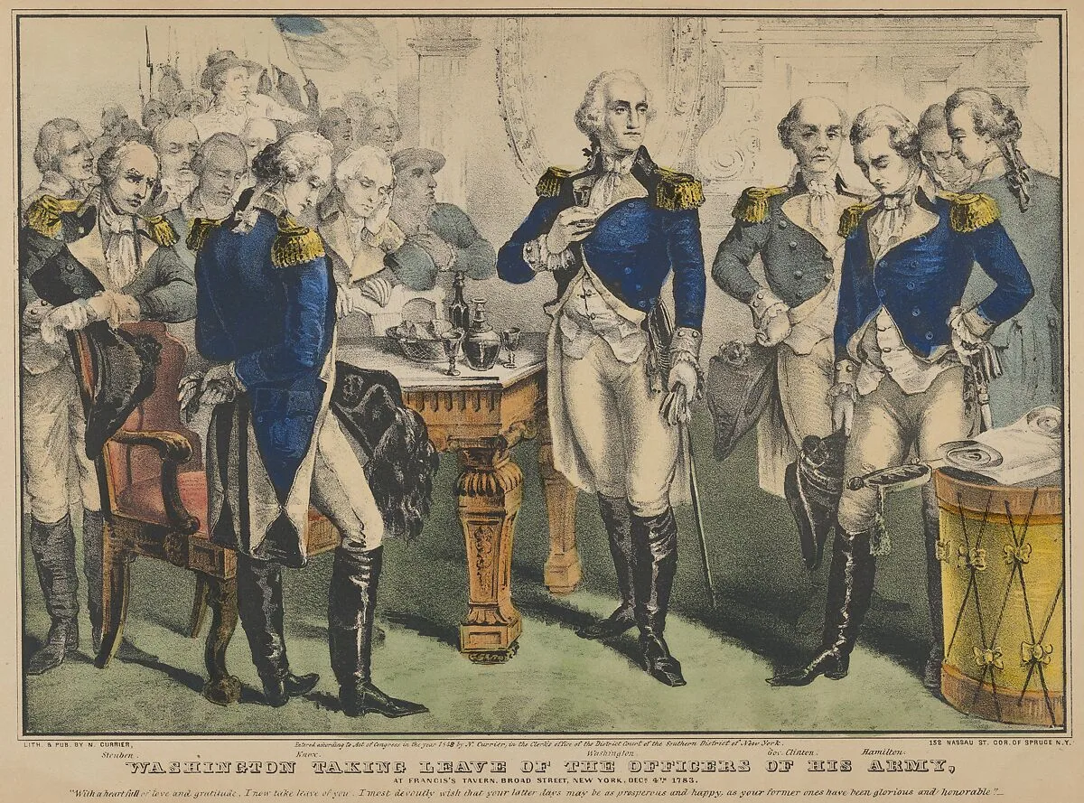 Washington Taking Leave of the Officers of His Army–at Francis's Tavern, Broad Street, New York, December 4th, 1783–"With a heart full of love and gratitude, I now take leave of you. I most devoutly wish that your latter days may be as prosperous and happy, as your former ones have been glorious and honorable." — Nathaniel Currier|George Washington