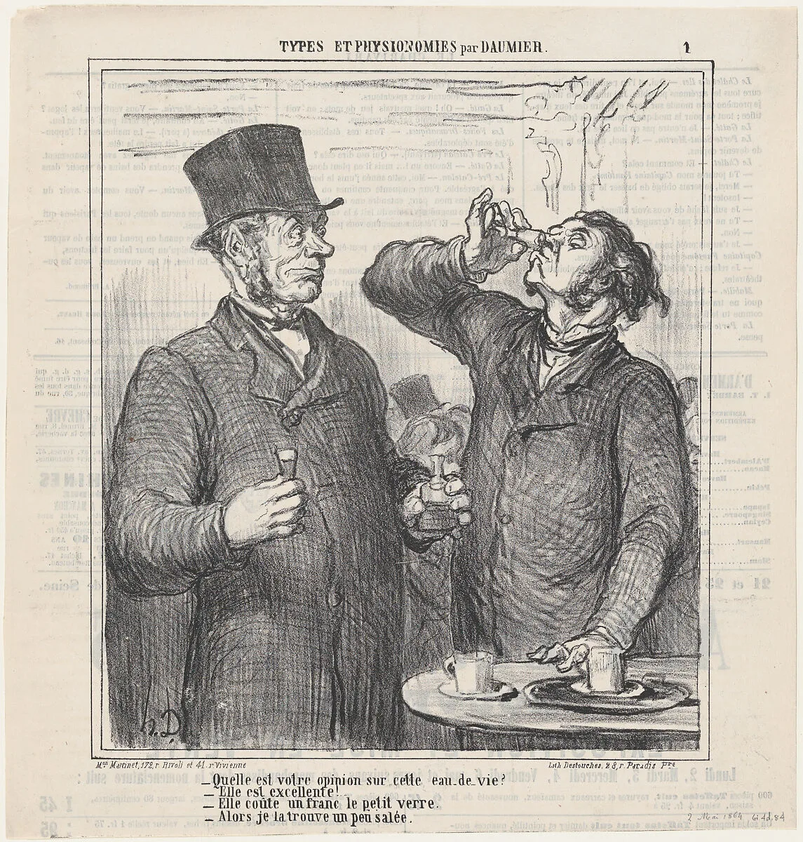 What's your opinion of this brandy?, from 'Types and features,' published in Le Charivari, May 2, 1864 — Aaron Martinet|Destouches|Honoré Daumier