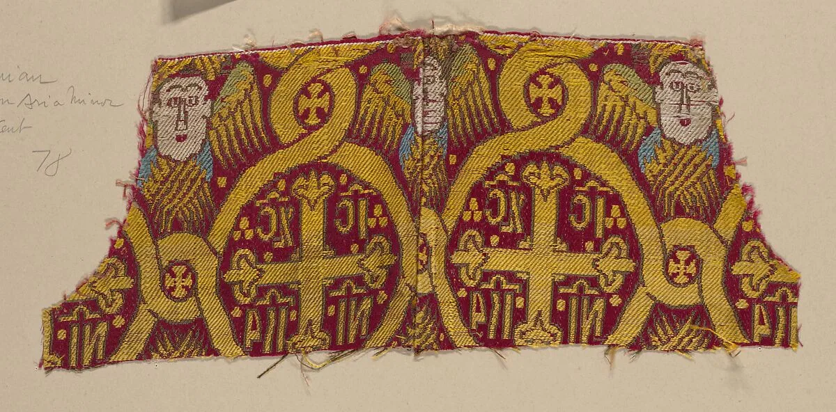 Fragment of woven silk with Seraphim and Crosses — Unknown