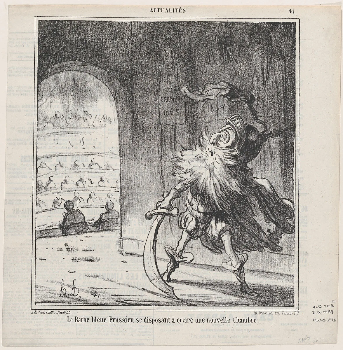 The Prussian bluebeard getting ready to finish off another new Chamber of Deputies, from 'News of the day,' published in Le Charivari, March 13, 1866 — Arnaud de Vresse|Destouches|Honoré Daumier